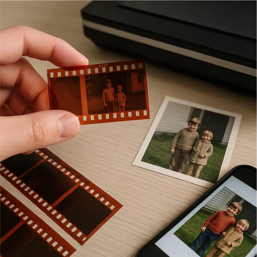 En hånd holder et filmnegativ over et utskrevet bilde og en smarttelefon som viser det samme bildet, og illustrerer digitalisering av bilder med to barn som står sammen utenfor.